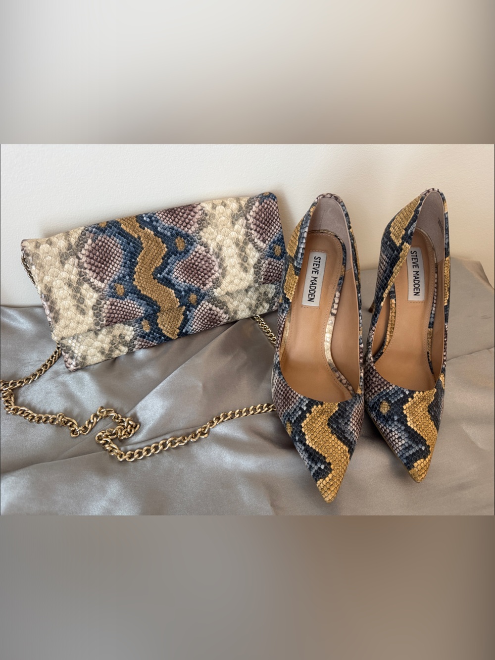 Steve Madden Multicolor Snake-Print Shoes & Chain Clutch in Blue, Gold, Cream - Picture 2 of 11